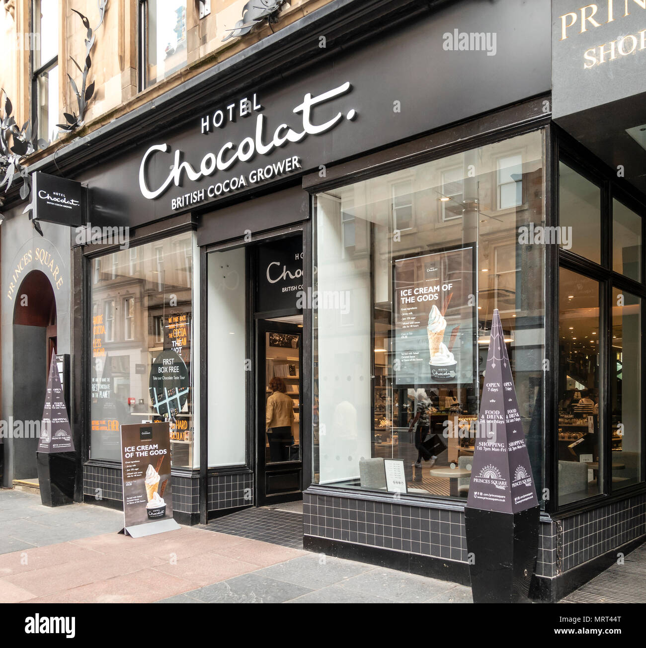 Entrance and shop windows of Hotel Chocolat, chocolatier, on Buchanan