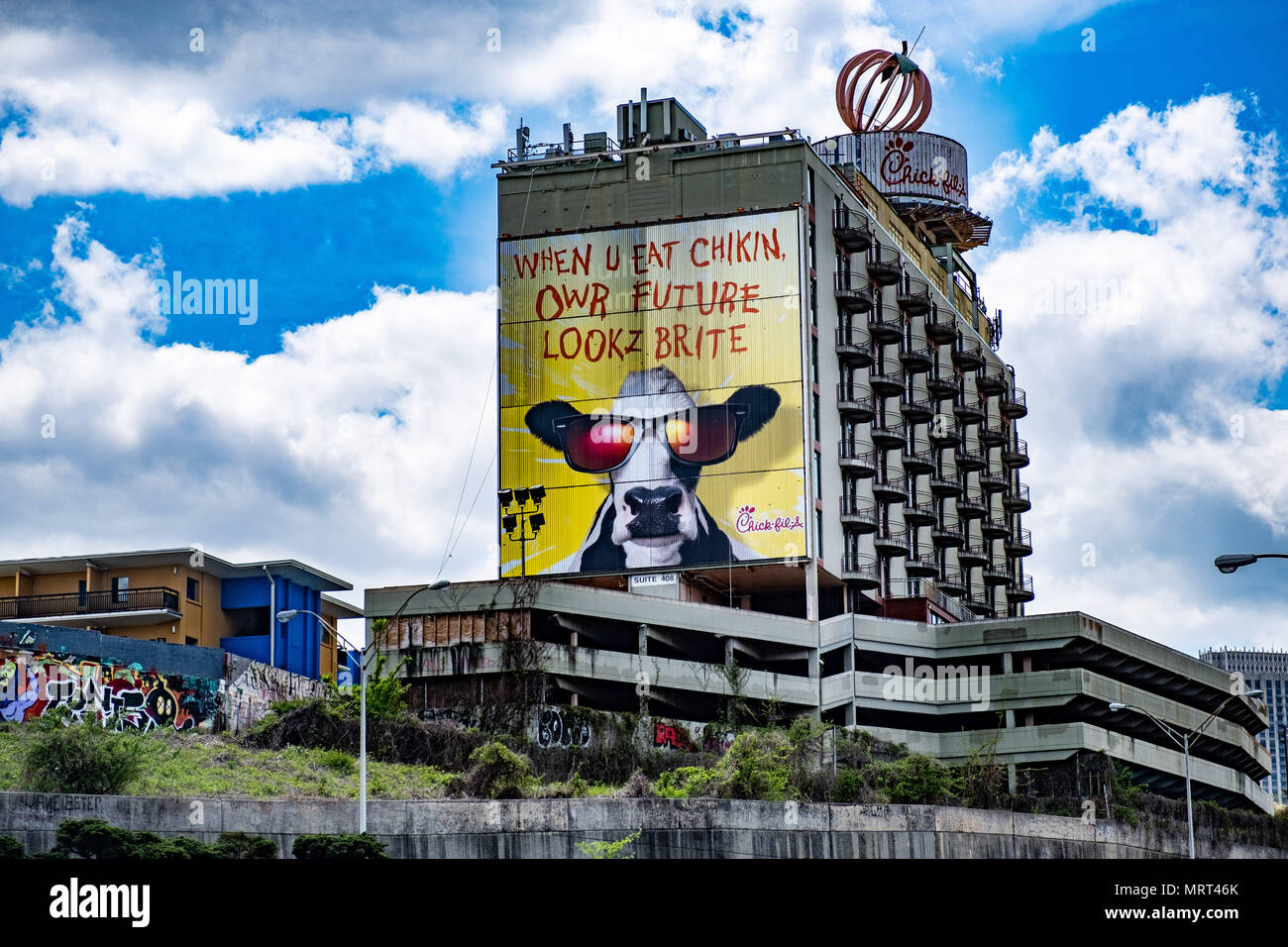 Chick-fil-A Cows Billboard in downtown Atlanta. [Fuji X-E3, 18-55mm, ISO 200, Ä/4, 1/2400] Stock Photo