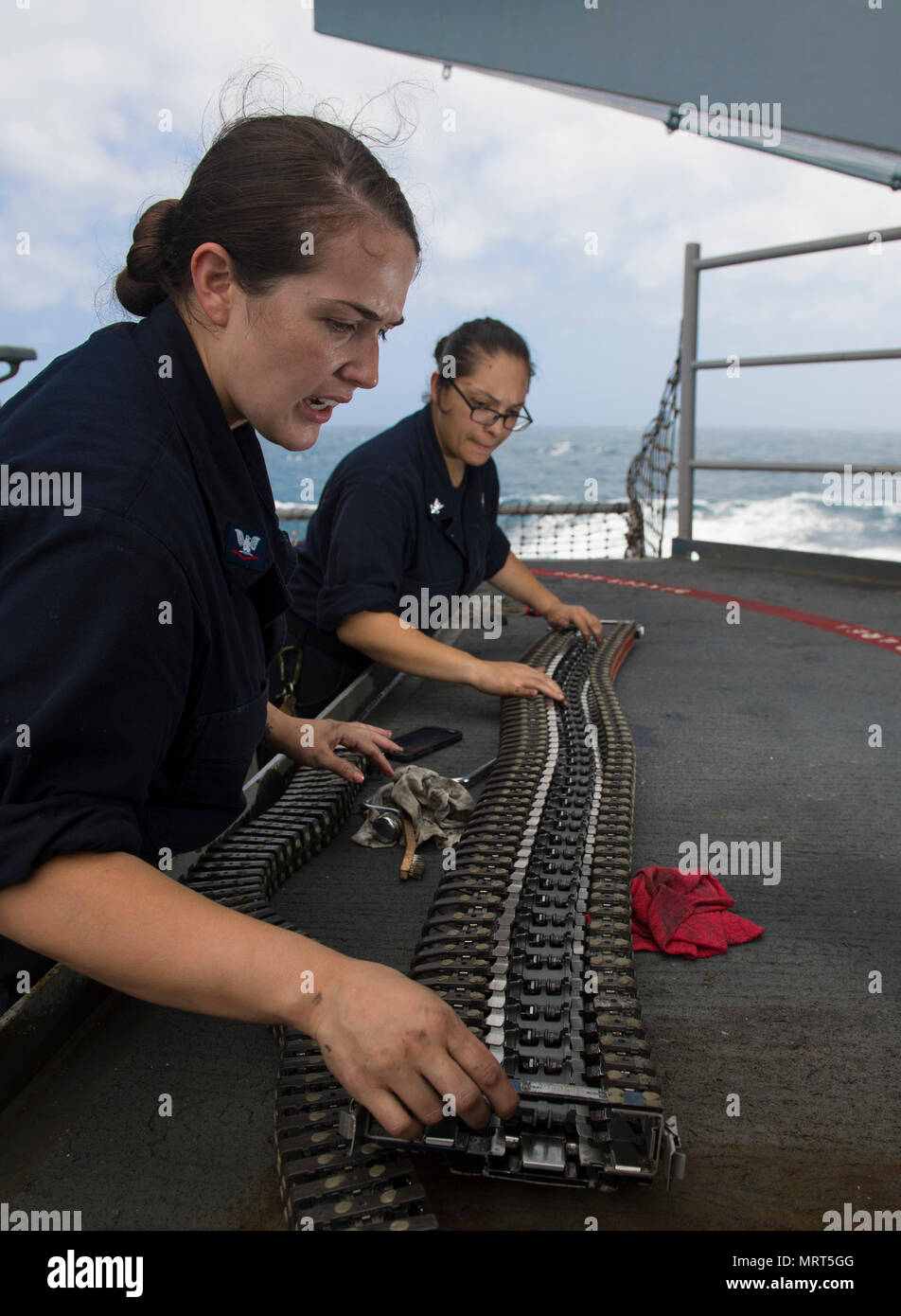 170624-N-TJ319-044  ATLANTIC OCEAN (June 24, 2017) Fire Controlman 2nd Class Harley Foskett, from San Antonio, Tx., and Fire Controlman 3rd Class Melissa Rivers, from Hot Springs, Ark., perform maintenance on a phalanx close-in weapon system aboard the aircraft carrier USS Dwight D. Eisenhower (CVN 69)(Ike). Ike is underway during the sustainment phase of the Optimized Fleet Response Plan (OFRP). (U.S. Navy photo by Mass Communication Specialist Seaman Jessica L. Dowell) Stock Photo