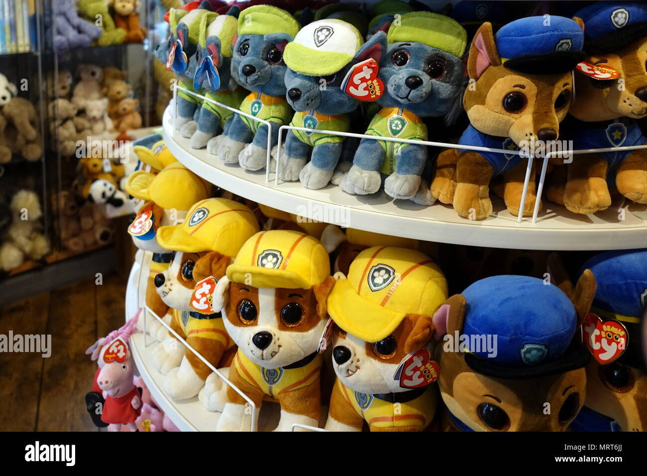 Padstow, Cornwall, April 11th 2018: Cuddly soft toys from the kids TV shop Paw Patrol for sale in a gift shop Stock Photo
