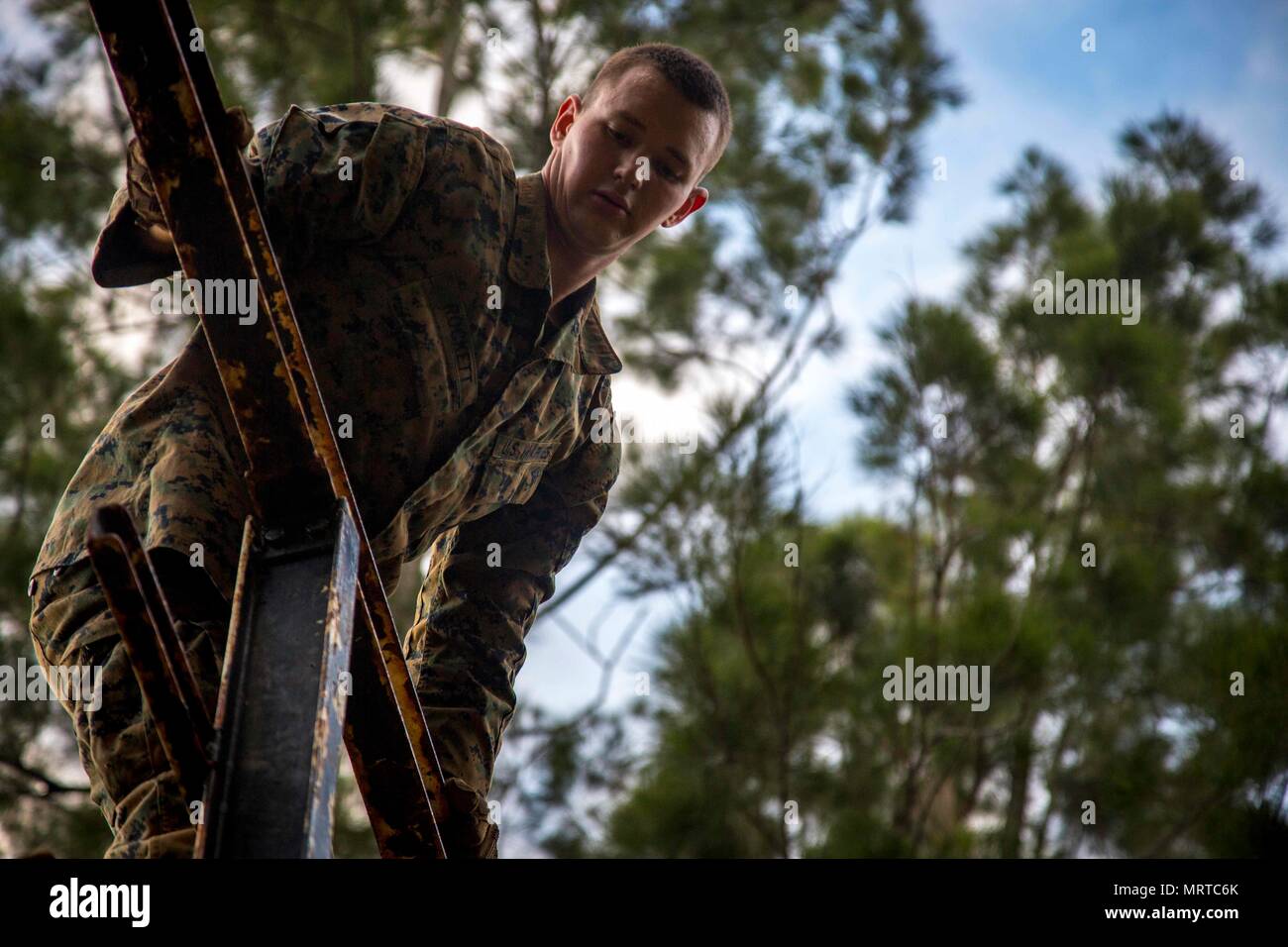 U.S. Marine Corps Lance Cpl. Caleb Rockett, an infantryman with Task Force Koa Moana 17, climbs a ladder as a part of the North Atlantic Treaty Organization obstacle course at Plum, New Caledonia, June 30, 2017. Koa Moana 17 is designed to improve interoperability with our partners, enhance military-to-military relations, and expose the Marine Corps forces to different types of terrain for familiarity in the event of a natural disaster in the region.   (U.S. Marine Corps photo by MCIPAC Combat Camera Lance Cpl. Juan C. Bustos) Stock Photo
