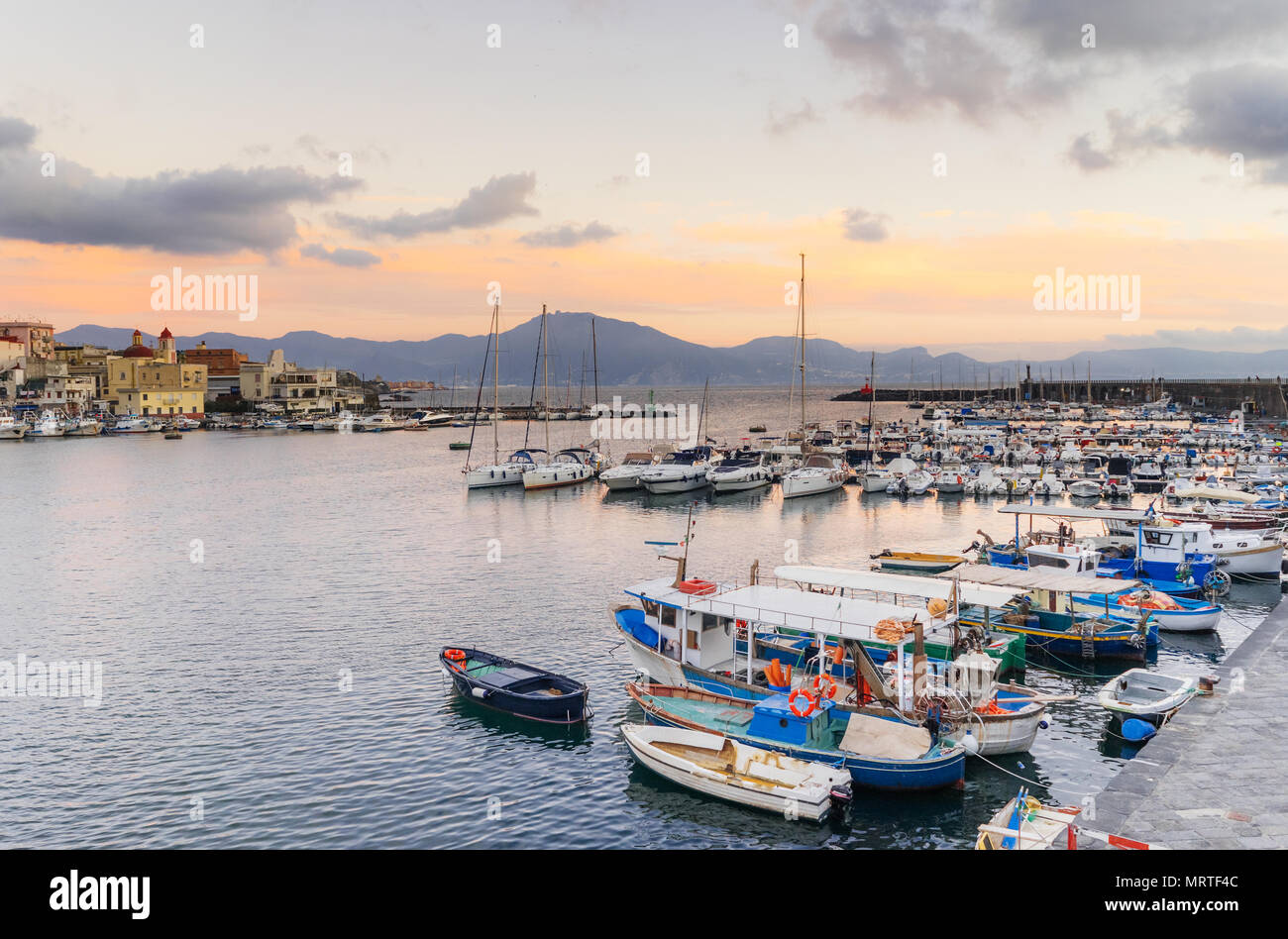 Torre del Greco, Naples, Campania, Italy, Europe- scenic view of the sea and boats from the port, on background Sorrento peninsula Stock Photo