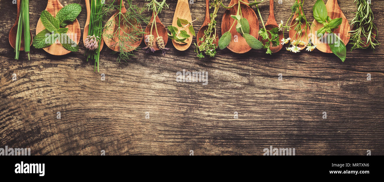 Herbs on wooden background Stock Photo