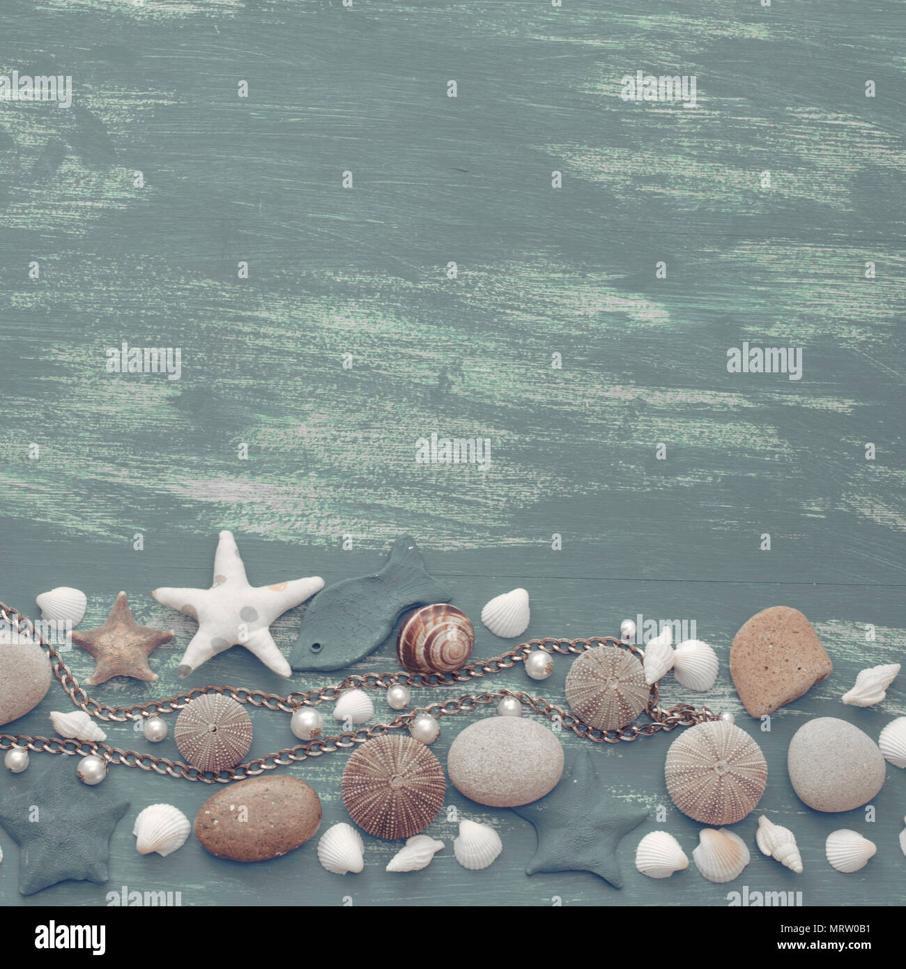 Sea Shellstone Background Natural wooden retro sea shell stone background. Decorative composition ...