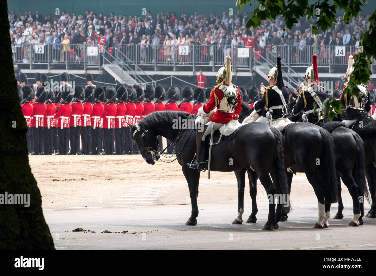 Household cavalry taking part in the Trooping the Colour ceremony, London UK, photographed on a sunny day at Horse Guards Parade, London UK Stock Photo