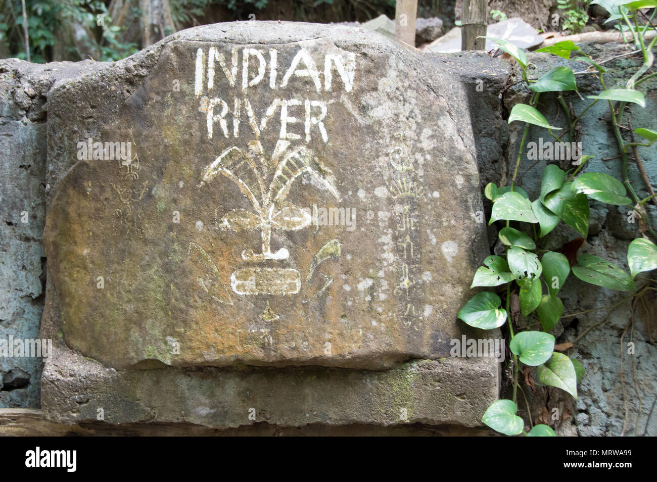 Place sign at the tourist attraction Indian river in Dominica Stock Photo