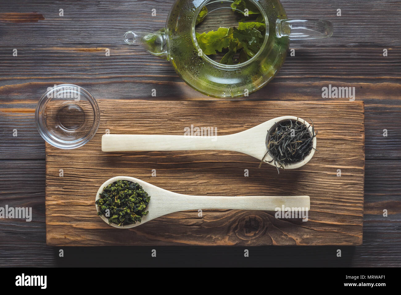 Traditional Chinese green tea of different fermentation and rice Stock Photo