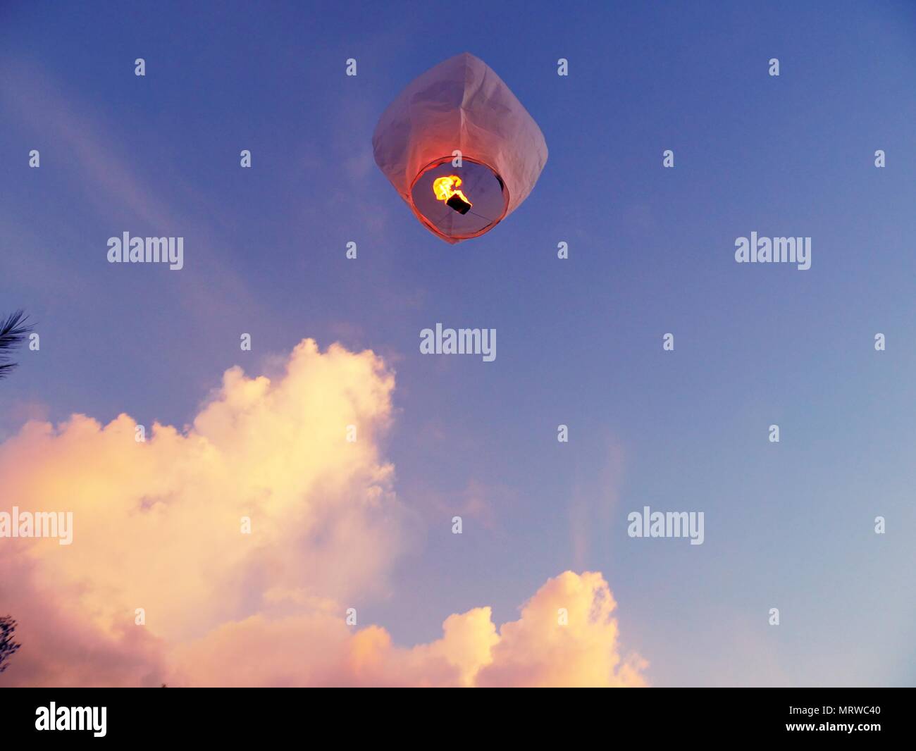 A lighted paper lantern released into the air Stock Photo Alamy