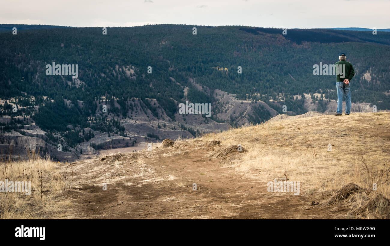Farwell canyon road, Cariboo-Chilcotin District, BC, Canada. An elderly man observing the Canyon and plateau in the distance from the lookout. Stock Photo