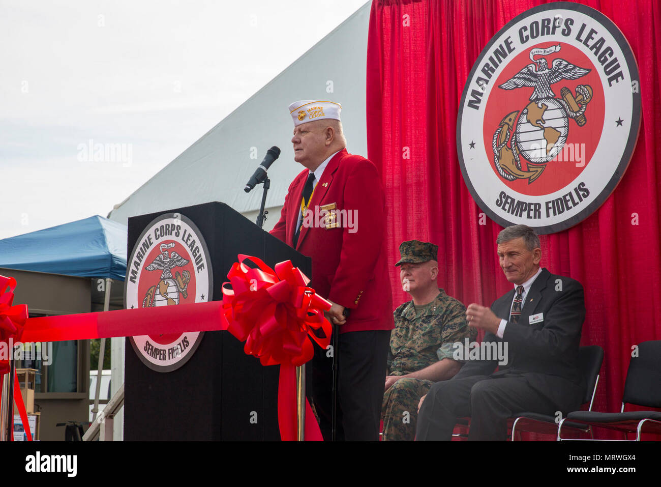Richard D. Gore Sr., Commandant, Marine Corps League, speaks at the opening ceremony for the Marine South Military Exposition, Goettege Field House, Camp Lejeune N.C., April 13, 2017. The Marine South Exposition is sponsored by the Marine Corps League and is a forum for defense contractors to display, inform, and promote the latest in defense equipment and technology. Stock Photo
