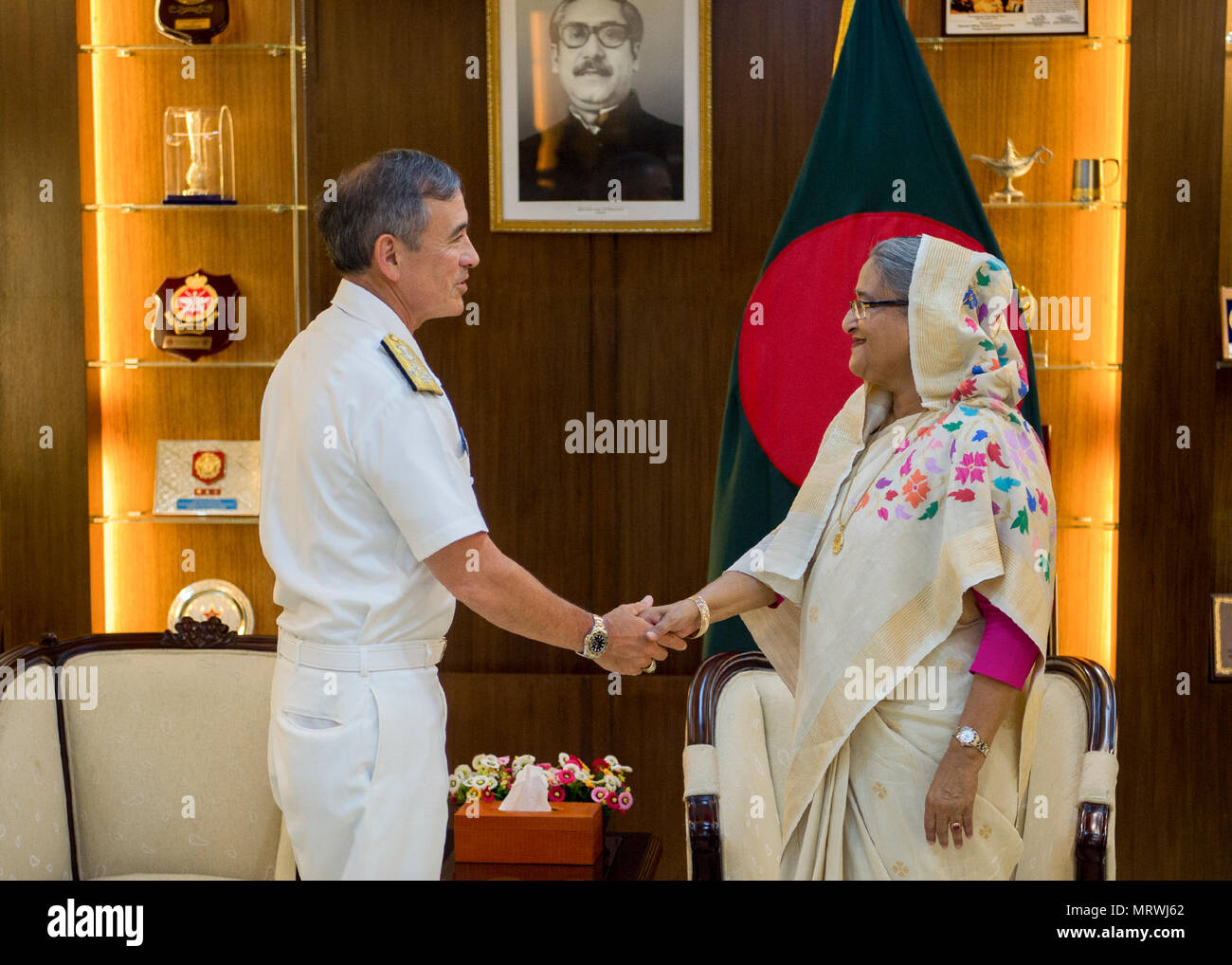 170709-N-WY954-136DHAKA, BANGLADESH (July 9, 2017) – Adm. Harry Harris, Commander U.S. Pacific Command (PACOM), meets with Prime Minister of Bangladesh Sheikh Hasina. This is Harris’ first visit to Bangladesh as PACOM commander. During the visit he met with counterparts and government officials for discussions on military cooperation and regional security initiatives in the Indo-Asia Pacific. (U.S. Navy photo by Mass Communications Specialist 2nd Class Robin W. Peak/ Released) Stock Photo