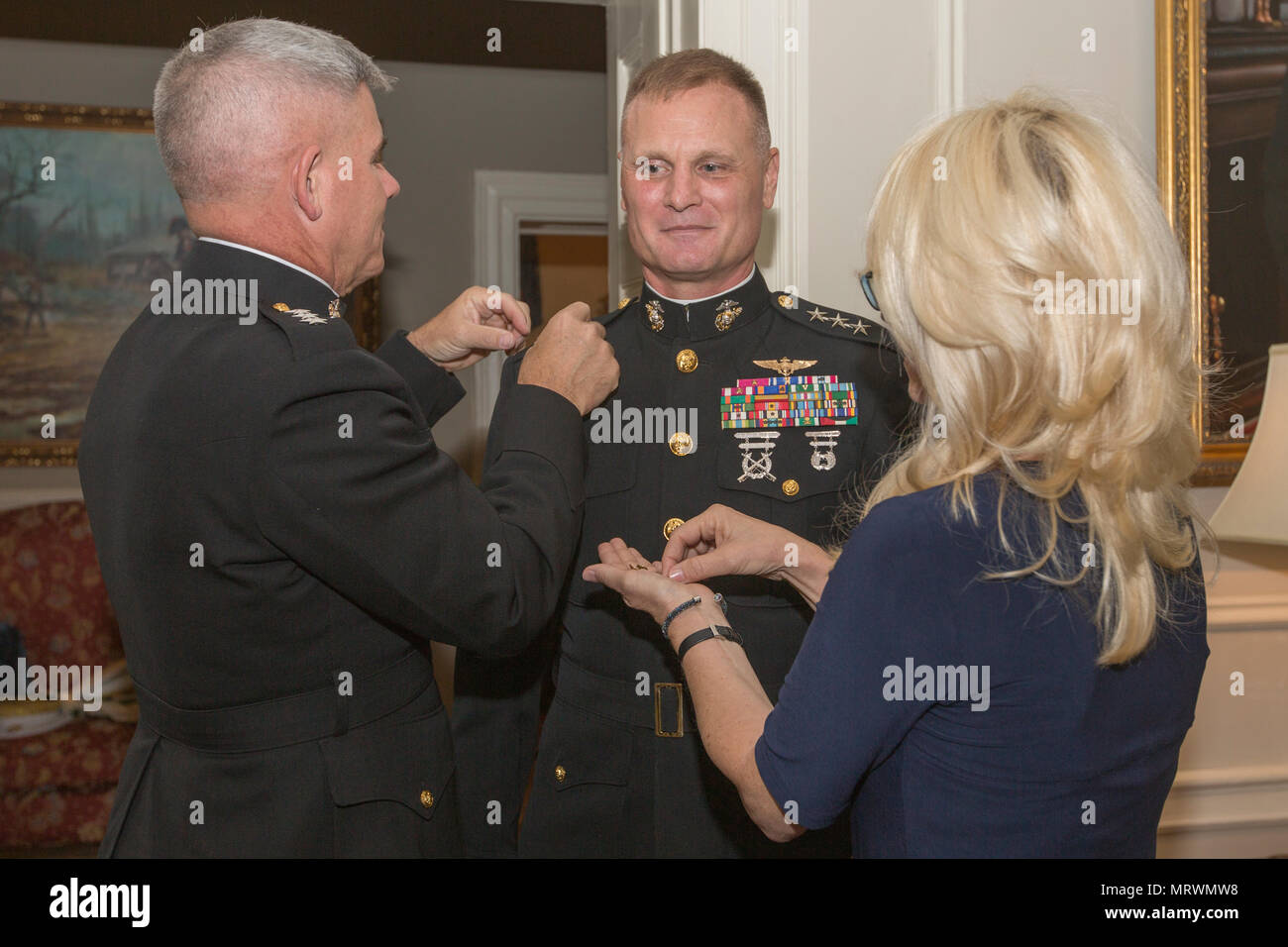 Lieutenant General is a three-star general officer rank in the United  States Marine Corps, pay grade O-9. A formal promotion to this rank  occurred at Marine Barracks Washington, Washington, D.C., on July