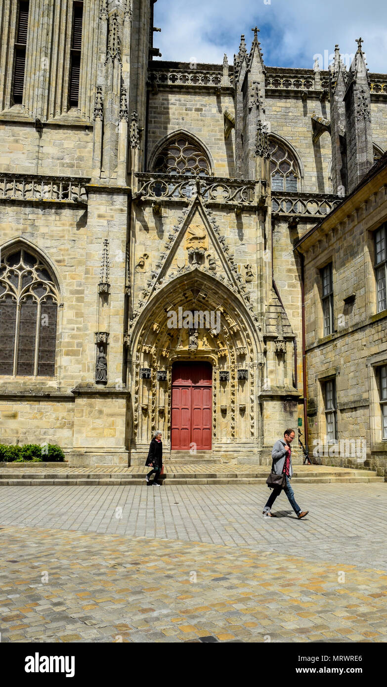 Ornate Cathedral of Saint Corentin side entry in Quimper, Brittany, France. Stock Photo