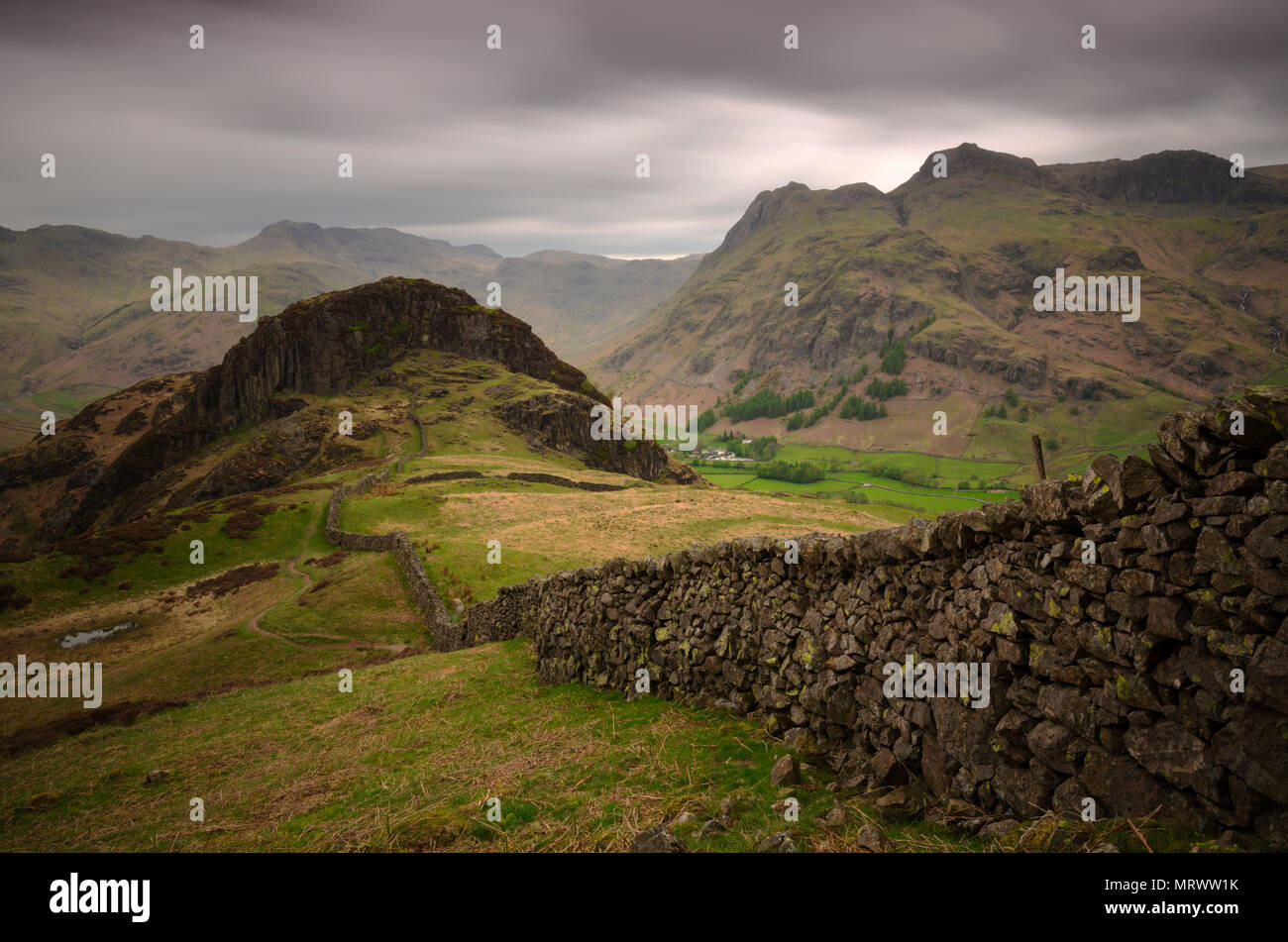 Overcast day on Side Pike overlooking the Langdale Valley in the Lake District Stock Photo