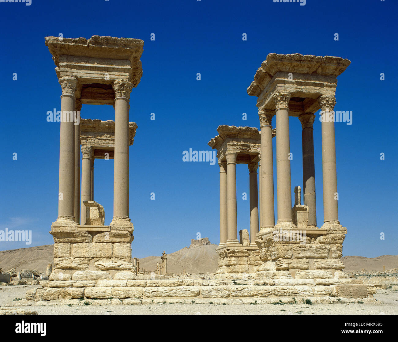 Palmyra, Syria. The Tetrapylon. Ancient type of monument of cubic shape with a gate on each of the four sides. Photo taken before Syrian Civil War. Stock Photo