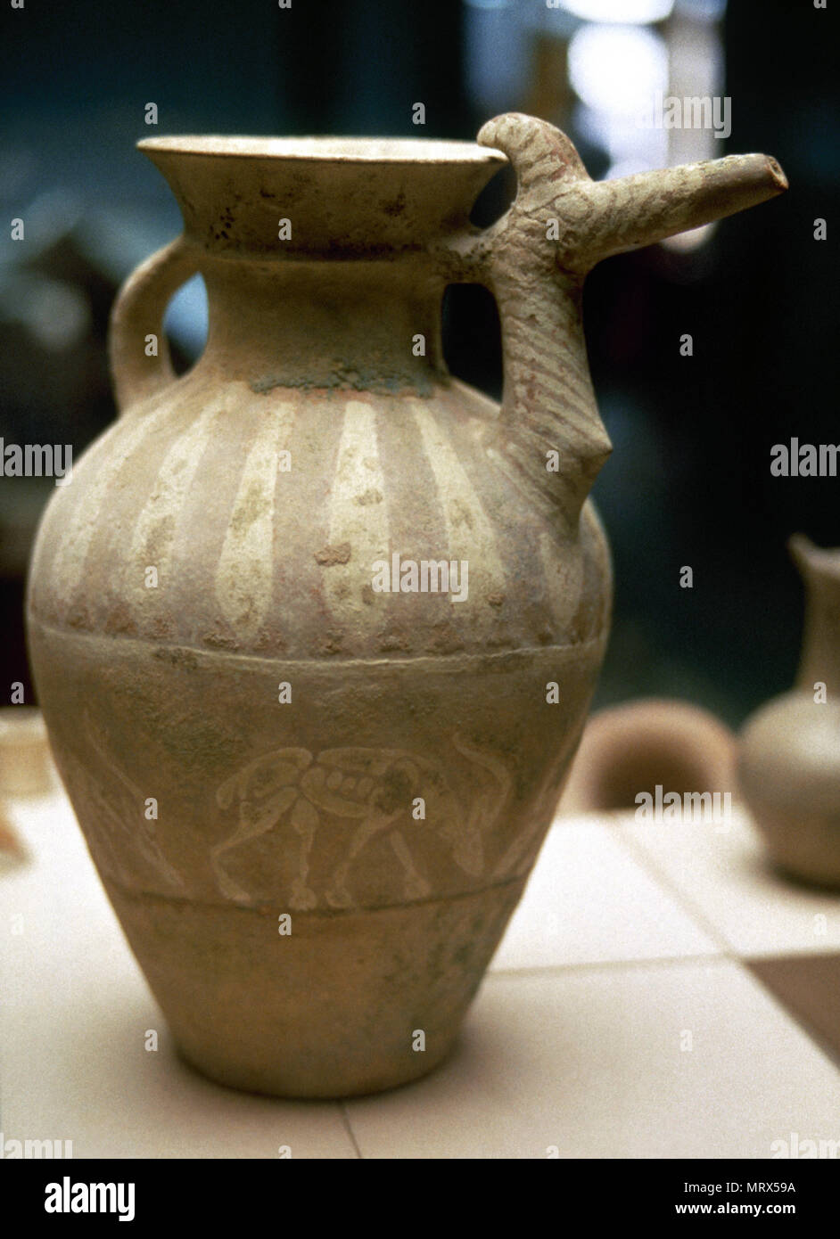 Beak-Spouted jar with animal and geometric decoration. Iron Age. 1st millennium B.C. From Azerbaijan. Glassware and Ceramic Museum of Iran (Abgineh Museum). Tehran, Islamic Republic of Iran. Stock Photo