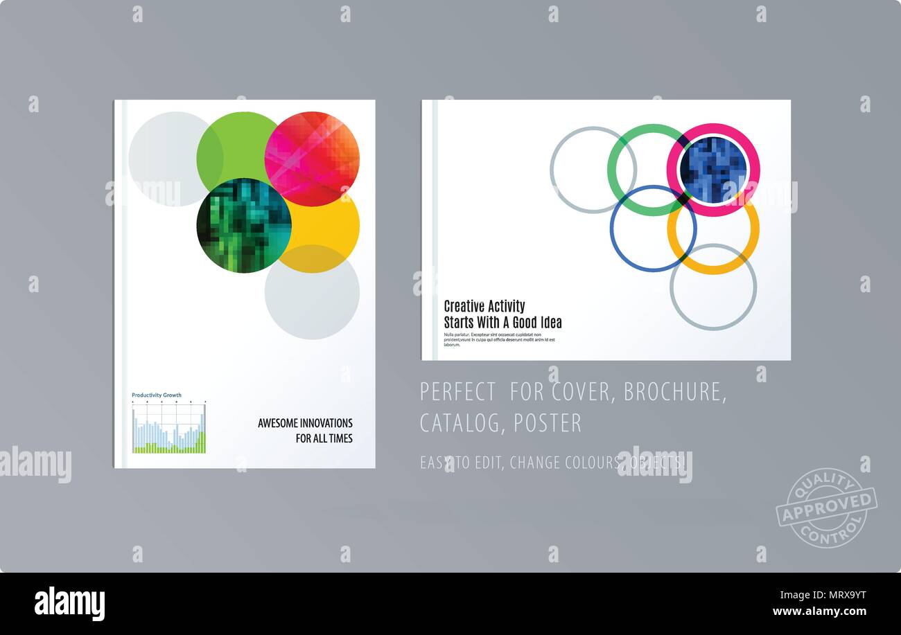 Brochure design round template. Colourful modern abstract set, annual report with circles rings for branding. Stock Vector