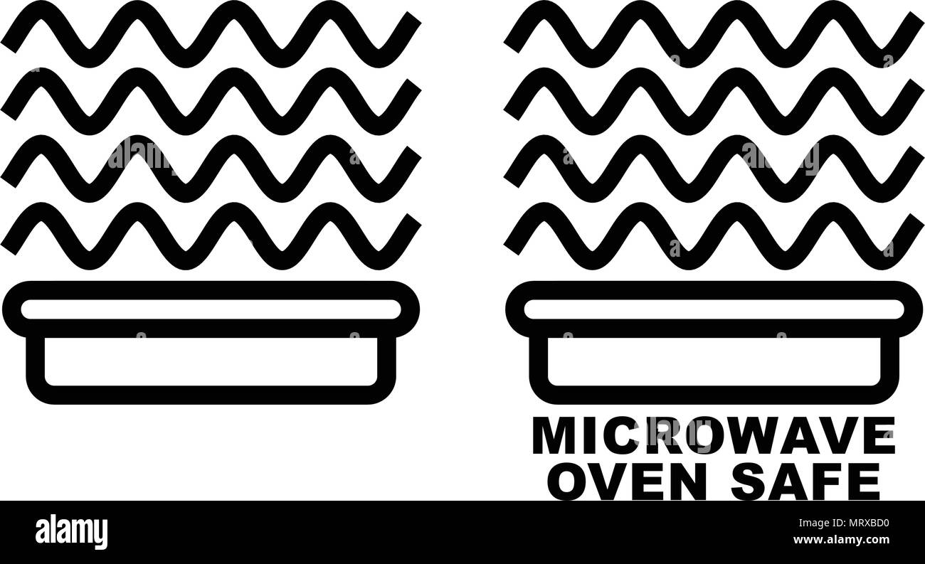Microwave safe container icon. Simple black lines food container drawing with sinus waves above. Graphic symbol only and also version with text. Stock Vector