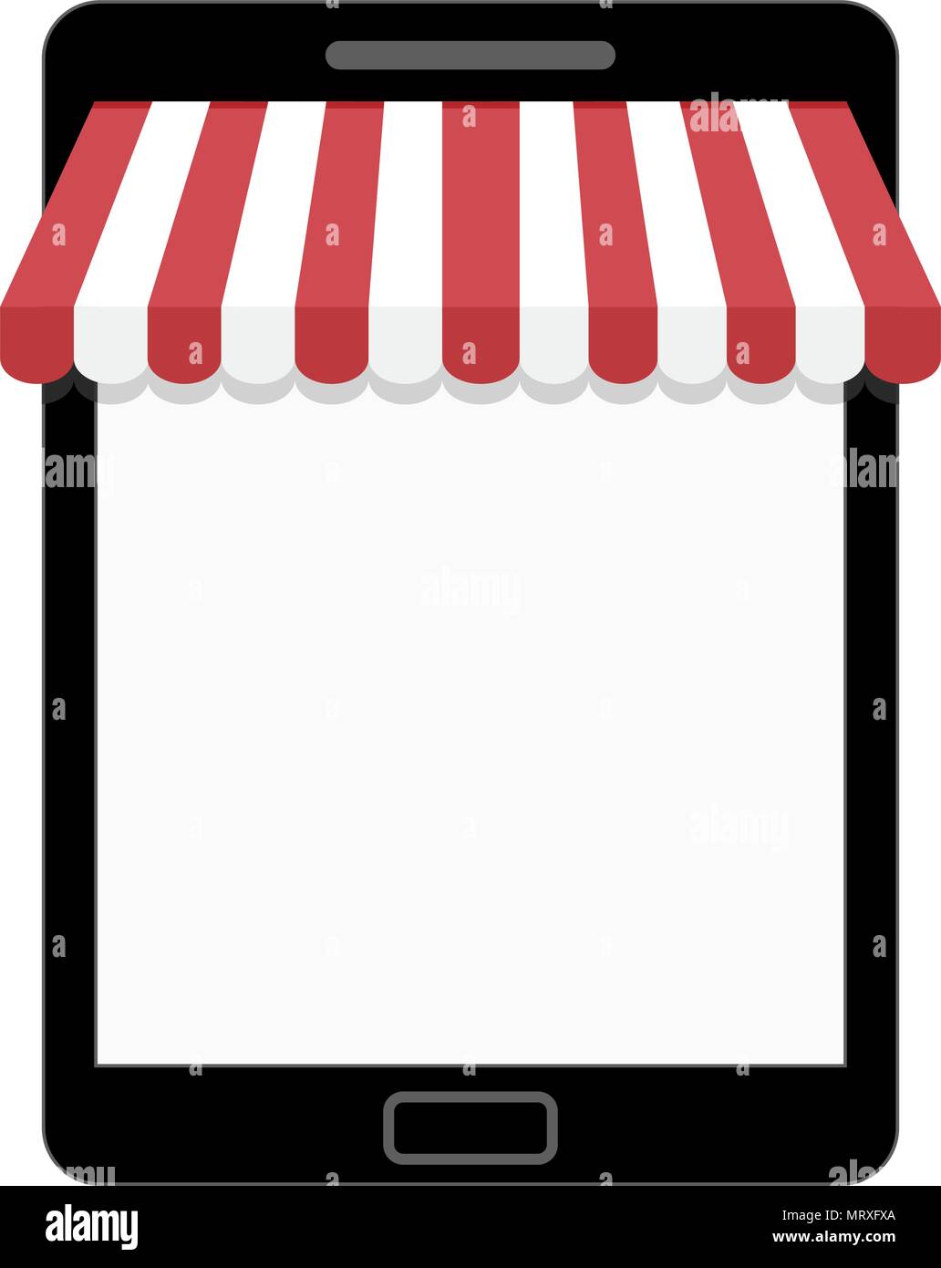 Tablet with striped awning. Template for web shop. Business commerce web, empty screen market online. Vector illustration Stock Vector