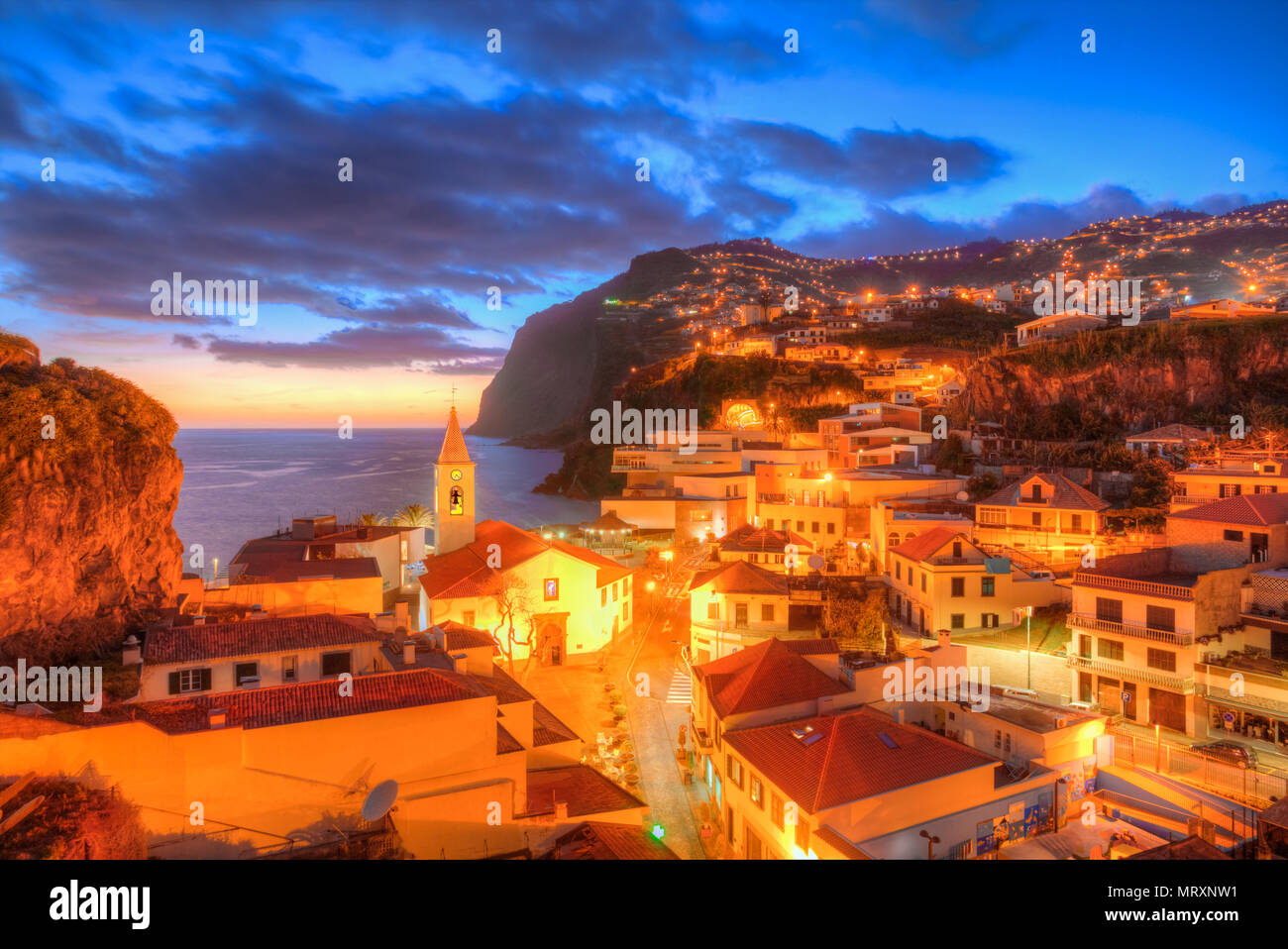 Night panorama of Camara de Lobos village in Madeira island, Portugal Stock Photo