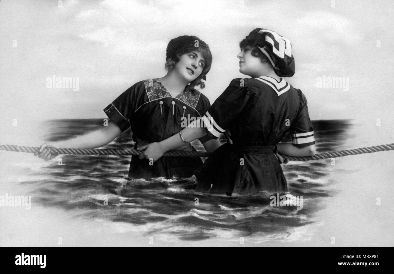 Two women pulling a rope in the sea, scenery, 1910s, Germany Stock Photo