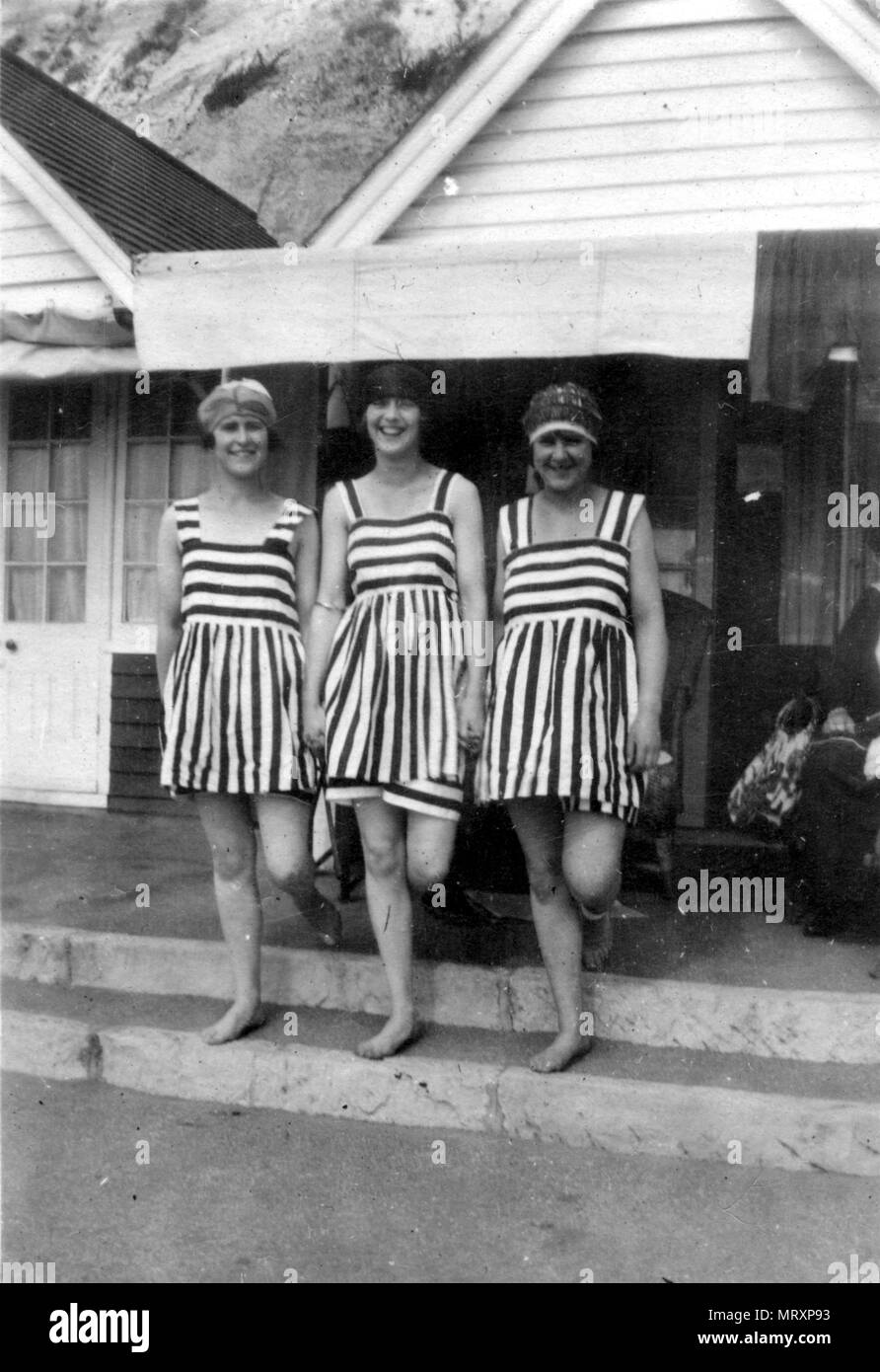 Fashion, swimwear, three women in the same striped swimsuits, 1920s ...