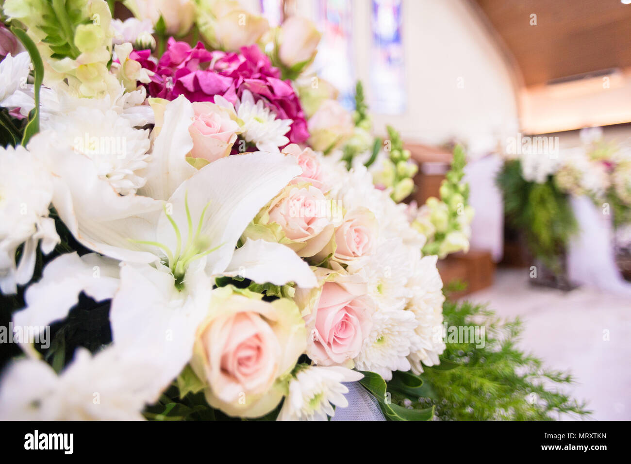 Wedding Flower bouquet in church Stock Photo Alamy
