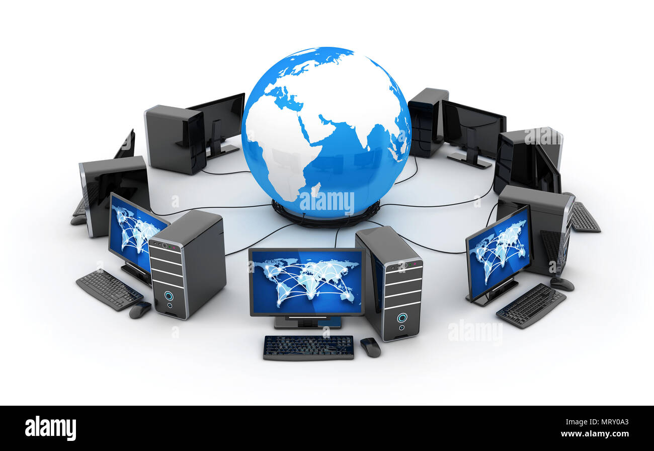 Abstract earth, network connect and many computers. 3d illustration Stock Photo