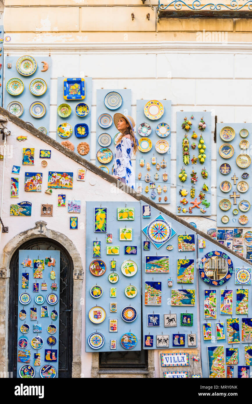 Amalfi, Amalfi coast, Salerno, Campania, Italy. Girl walking in the Amalfi old town Stock Photo