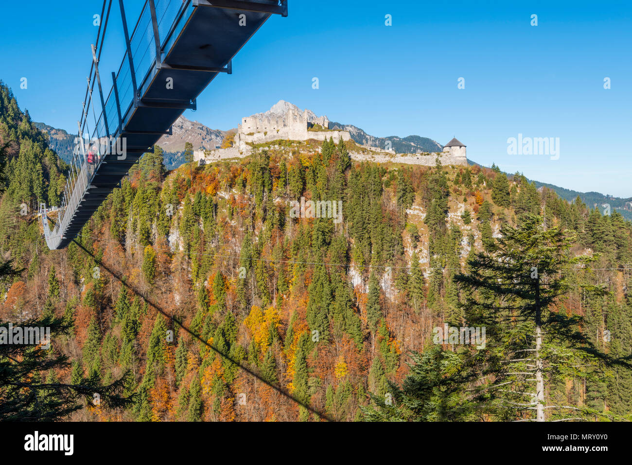 Reutte, Tyrol, Austria, Europe. Ehrenberg Castle and the Highline 179, the world’s longest pedestrian suspension bridge. Stock Photo