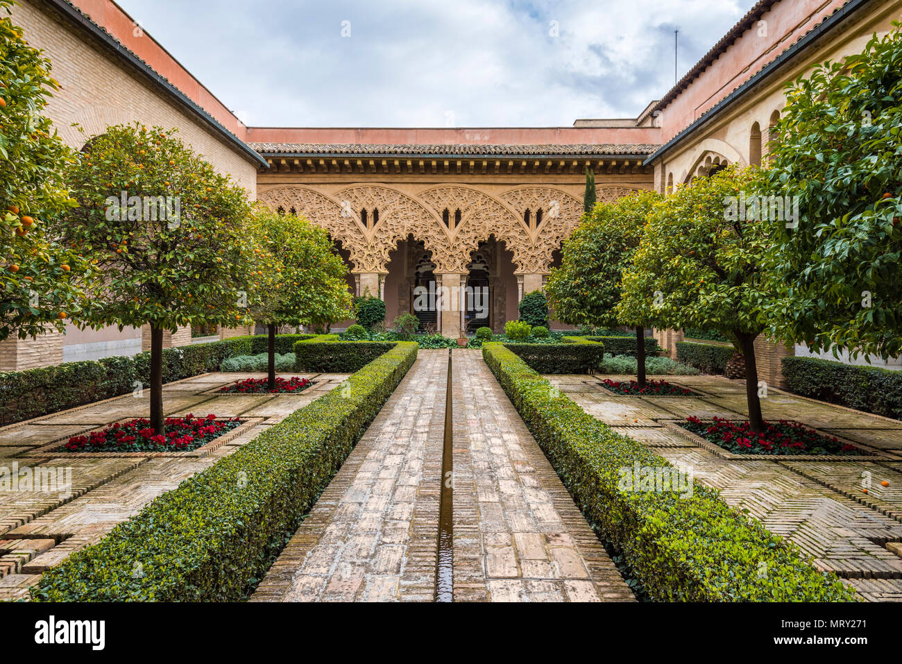Patio of Saint Isabel, Aljaferia palace, Zaragoza, Aragon, Spain, Europe Stock Photo