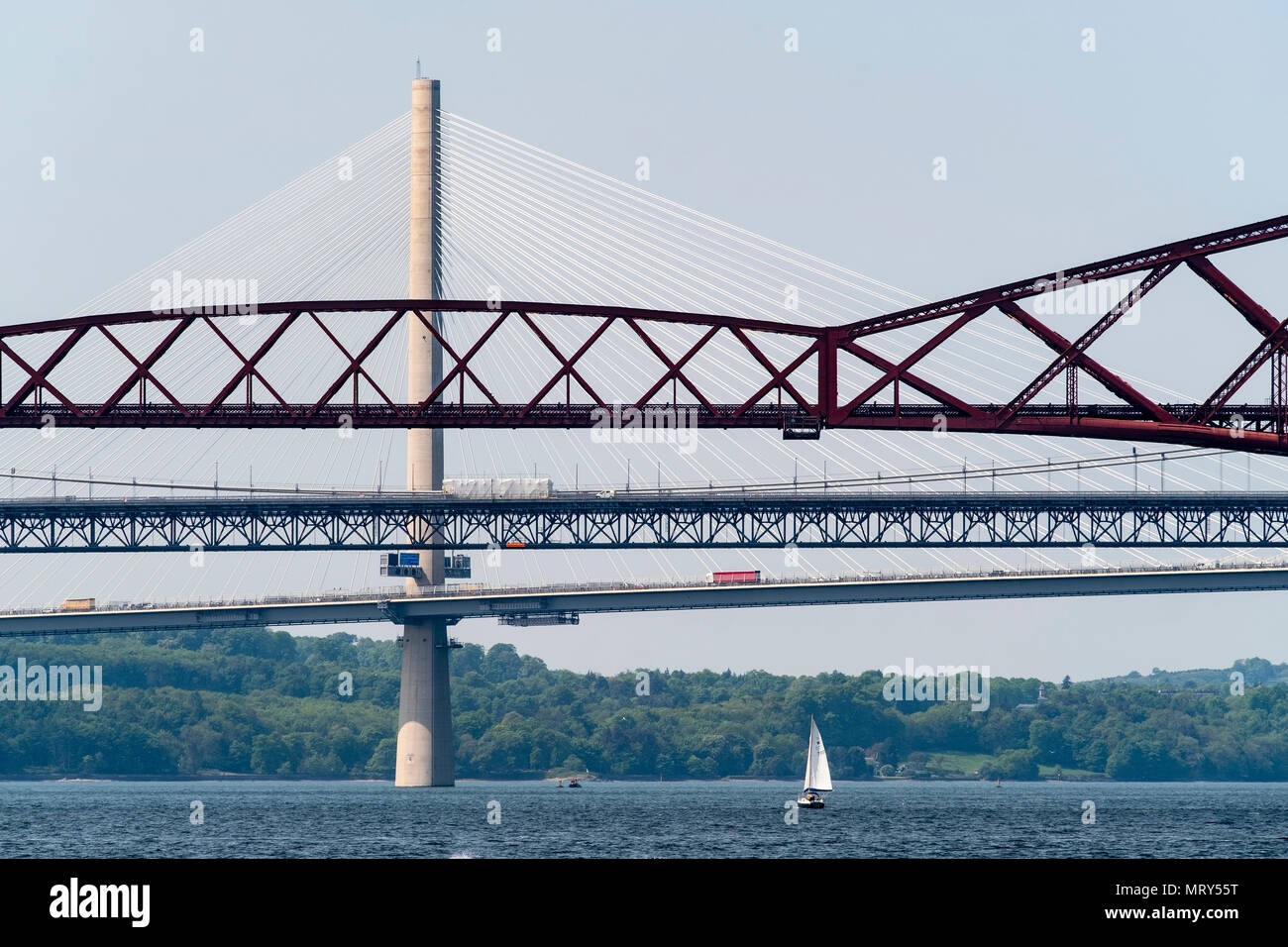 View of the three bridges crossing the Firth of Forth at South Queensferry , Scotland, UK Stock Photo