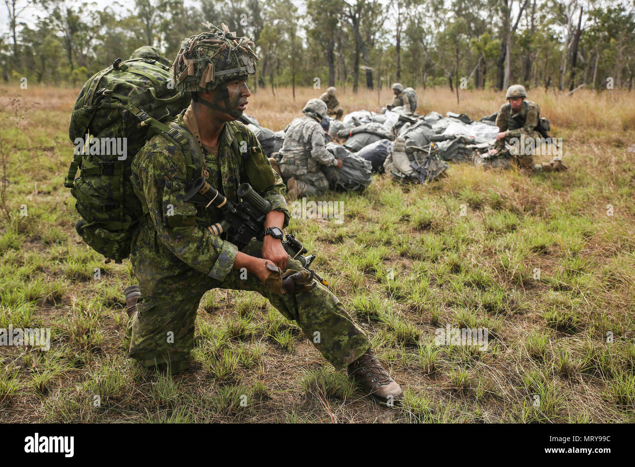 Canadian Army Pvt. Ambrose Robitaille, an infantryman with 3rd Battalion, Princess Patricia Canadian Light Infantry, provides security at a rally point after parachuting out of a C-17 Globemaster July 13, 2017 at Drop Zone Kapyong, Williamson Airfield, Shoalwater Bay Training Area, Queensland, Australia. Combined coalition forces from the United States and Canadian militaries conducted a small-scale tactical operation during Talisman Saber 17. Exercises like Talisman Saber provide effective and intense training to ensure our forces are capable, interoperable, deployable on short notice and com Stock Photo