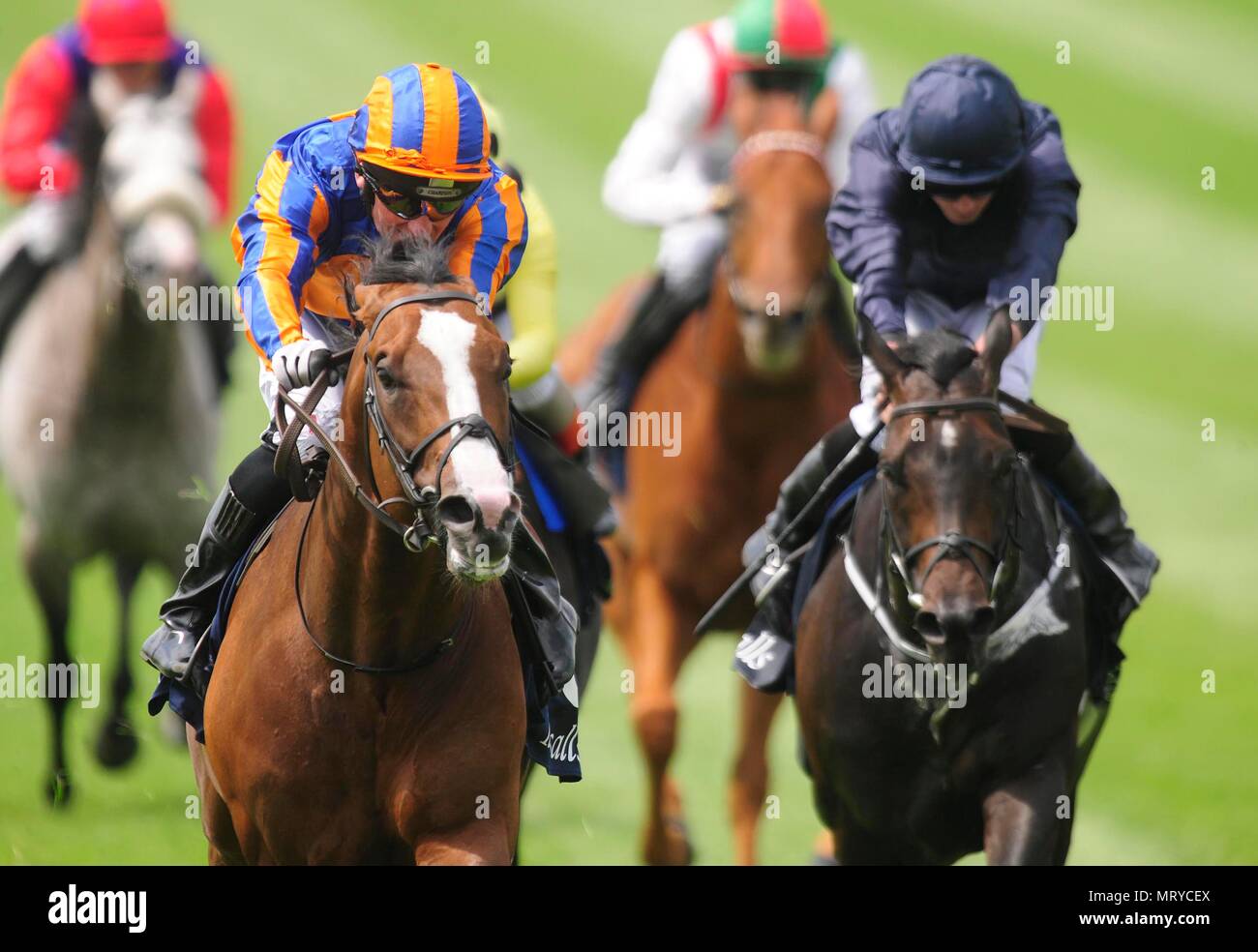 Lancaster Bomber ridden by Seamie Heffernan (left) win the Tattersalls Gold Cup during day two of the 2018 Tattersalls Irish Guineas Festival at Curragh Racecourse, County Kildare. Stock Photo