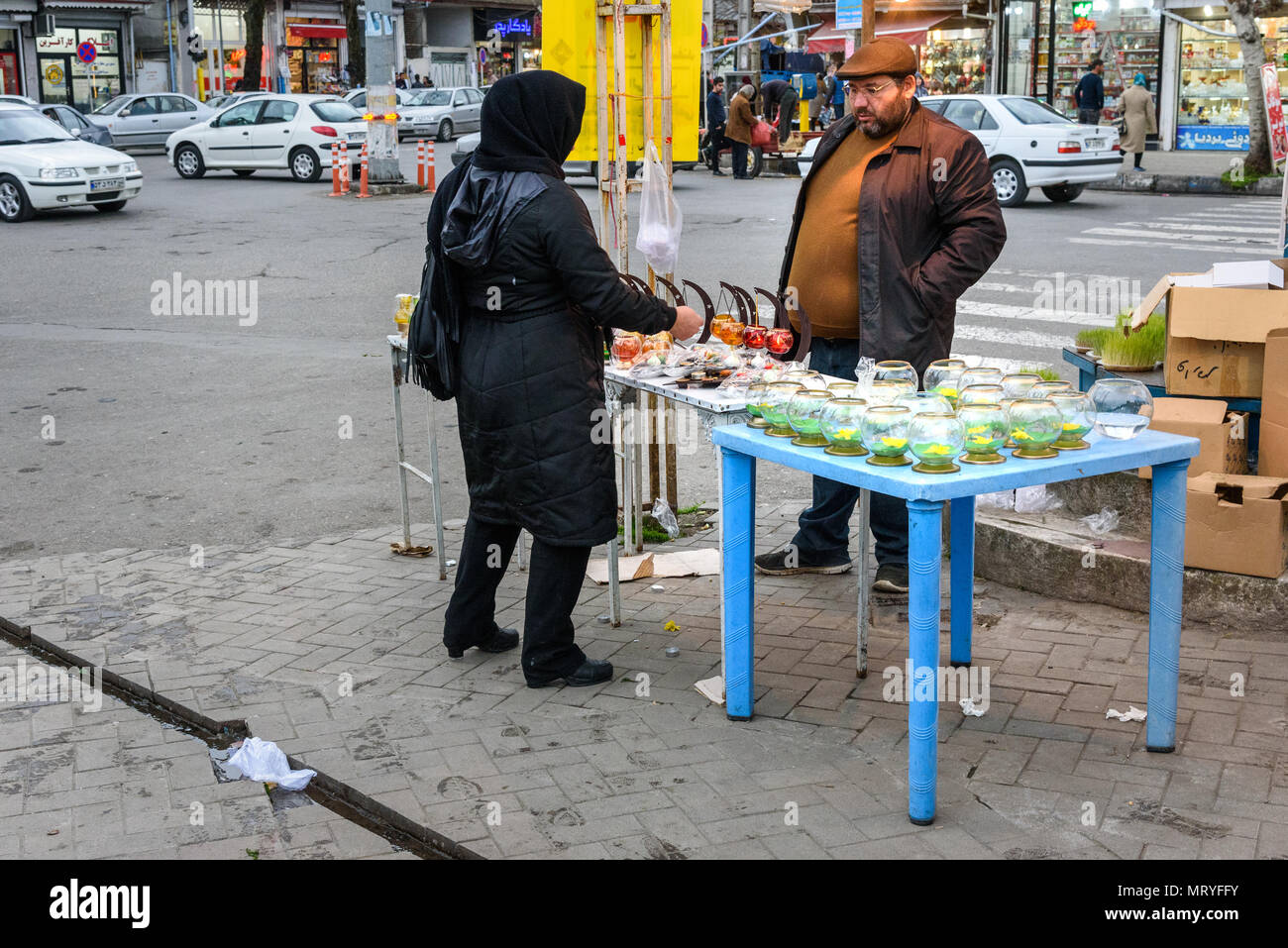 Astara, Gilan Province, Iran - March 13, 2018: Street vendors sell traditional items to celebrate the Persian new year Nowruz Stock Photo