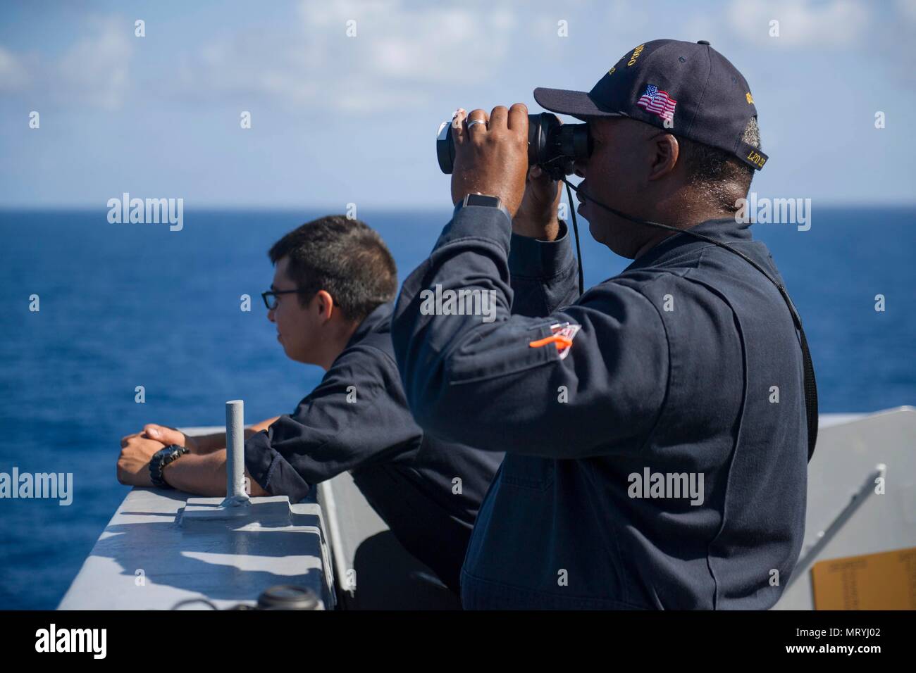 Pacific Ocean July 13 2017 Senior Chief Boatswain S Mate Conrad Matthias A Native Of Los Angeles Assigned To The Deck Department Aboard The Amphibious Transport Dock Ship Uss San Diego Lpd 22