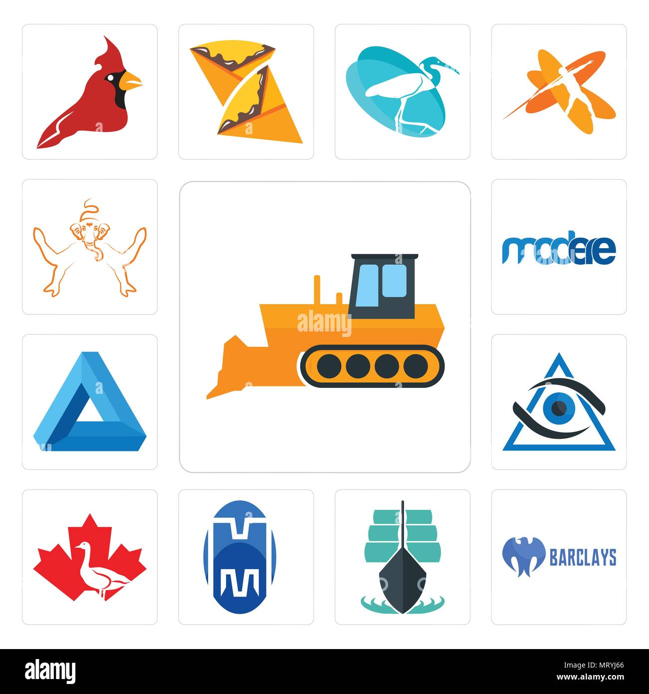 Set Of 13 simple editable icons such as dozer, barclays bank, tall ship, double m, canada goose, third eye, penrose triangle, modere, ganesh can be us Stock Vector