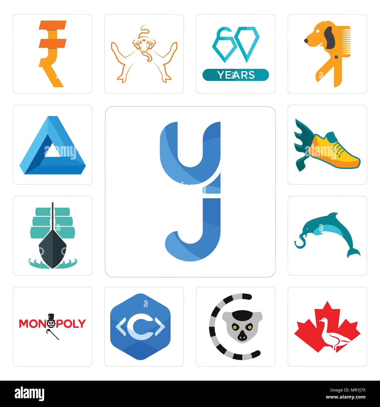 Set Of 13 simple editable icons such as yj, canada goose, lemur, c language, monopoly, elephand dolphin, tall ship, flying shoe, penrose triangle can  Stock Vector