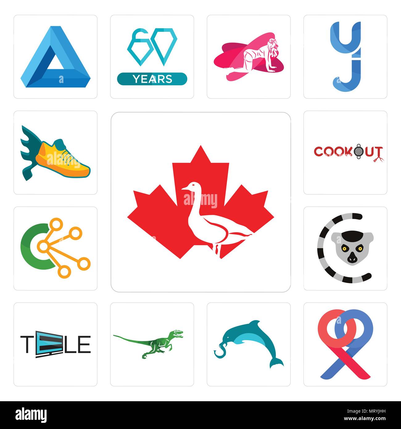 Set Of 13 simple editable icons such as canada goose, double p, elephand dolphin, velociraptor, tele, lemur, comunication, cookout, flying shoe can be Stock Vector