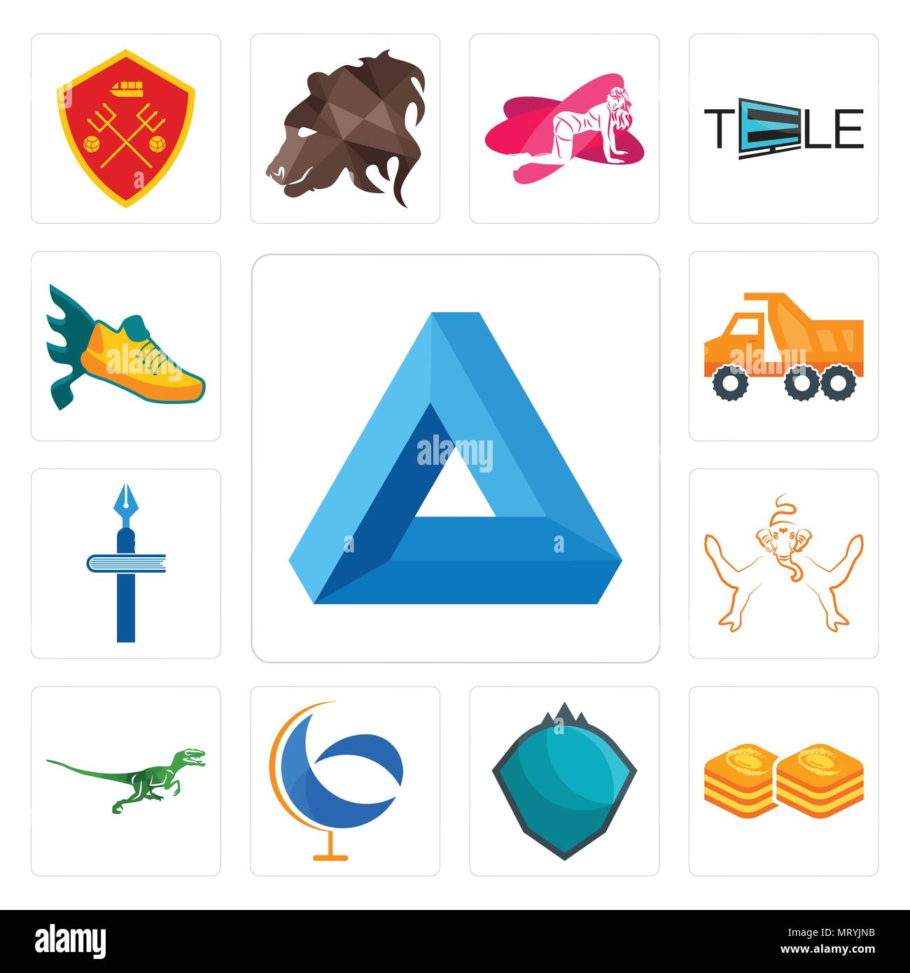 Set Of 13 simple editable icons such as penrose triangle, baklava, s.h.i.e.l.d., g globe, velociraptor, ganesh, christian school, tipper, flying shoe  Stock Vector