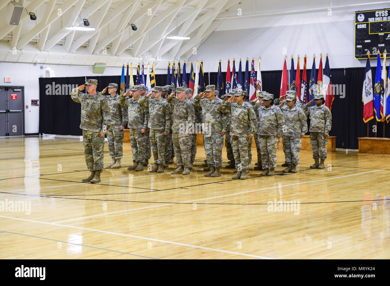 The Red Team from the 1st Sustainment Command (Theater) Special Troops Battalion, is recognized during a Deployment Ceremony at Fort Knox, Kentucky.  (US Army Photo by Charles Leffler) Stock Photo