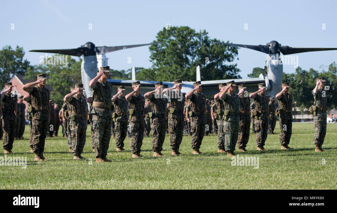 U.S. Marines assigned to II Marine Expeditionary Force (MEF) salute during a change of command ceremony on Camp Lejeune, N.C., July 14, 2017. During the ceremony, Maj. Gen. Walter L. Miller Jr. relinquished his command as commanding general of II MEF to Lt. Gen. Robert F. Hedelund. (U.S. Marine Corps photo by Lance Cpl. Koby I. Saunders) Stock Photo