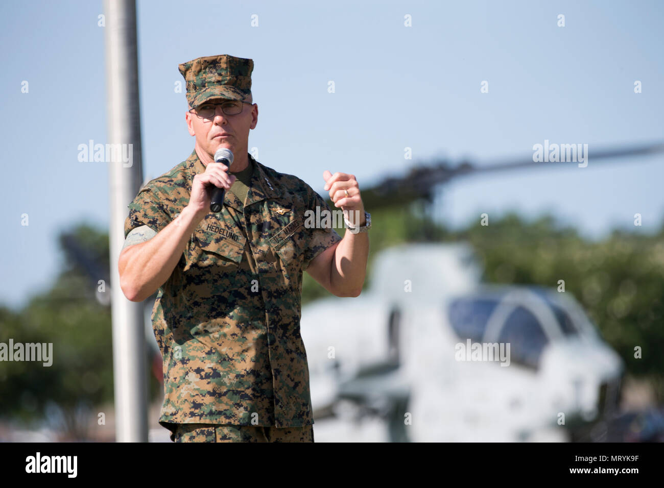U.S. Marine Corps Lt. Gen. Robert F. Hedelund, commanding general of the II Marine Expeditionary Force (MEF), speaks to the audience during the II Marine Expeditionary Force (II MEF) change of command ceremony on Camp Lejeune, N.C., July 14, 2017. During the ceremony, Maj. Gen. Walter L. Miller Jr. relinquished his command as commanding general of II MEF to Lt. Gen. Hedelund. (U.S. Marine Corps photo by Lance Cpl. Koby I. Saunders) Stock Photo