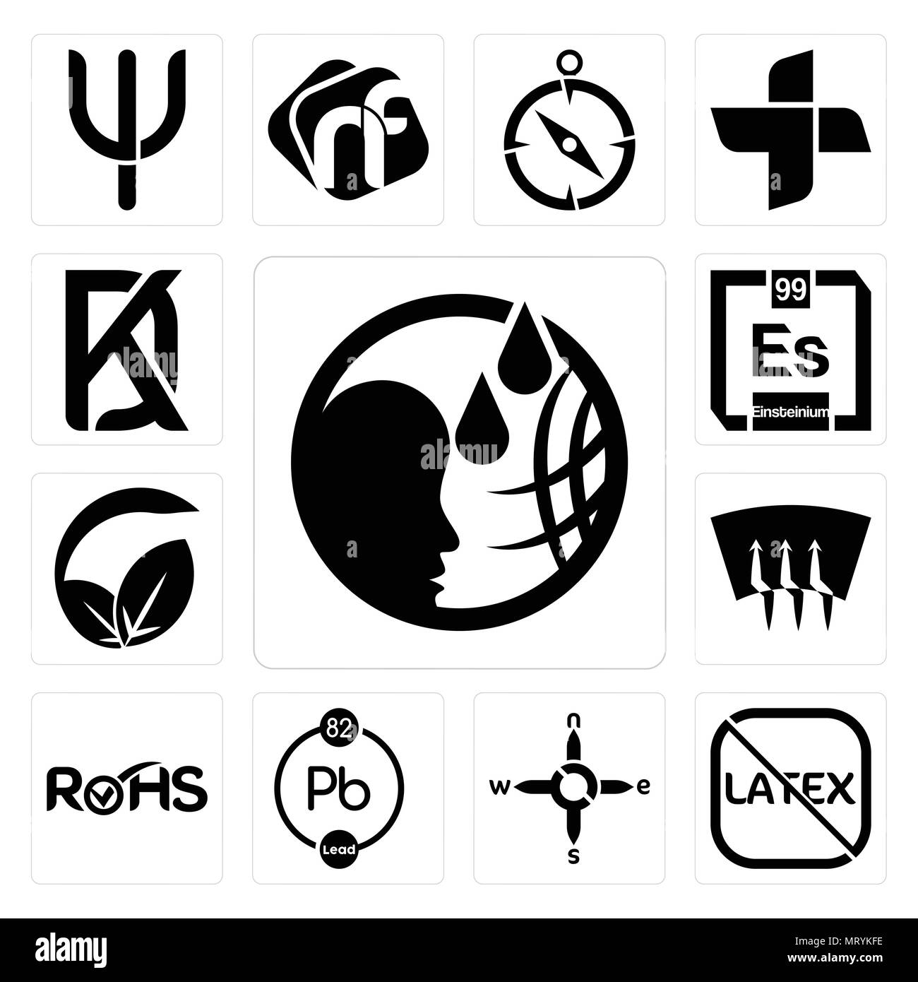 Set Of 13 simple editable icons such as, latex free, n s e w, chemical, rohs, defrost, vegan vs vegetarian, einsteinium, kd can be used for mobile, we Stock Vector
