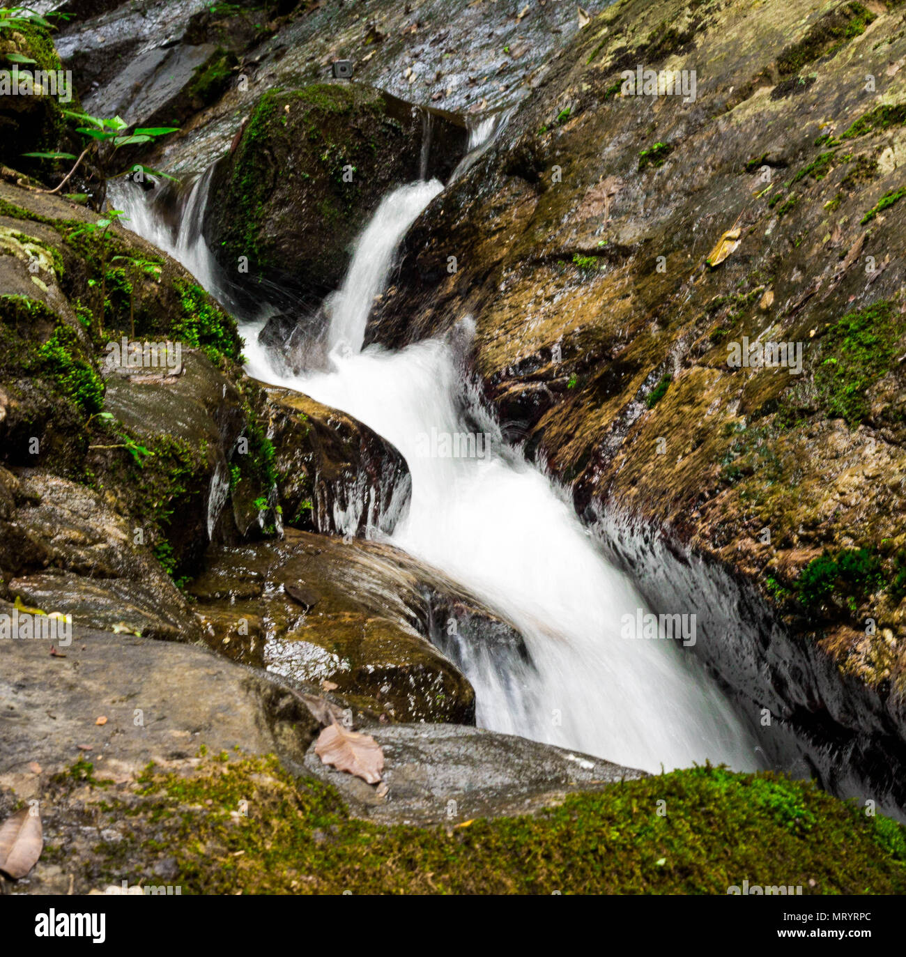 Small Waterfall in between two boulders Stock Photo