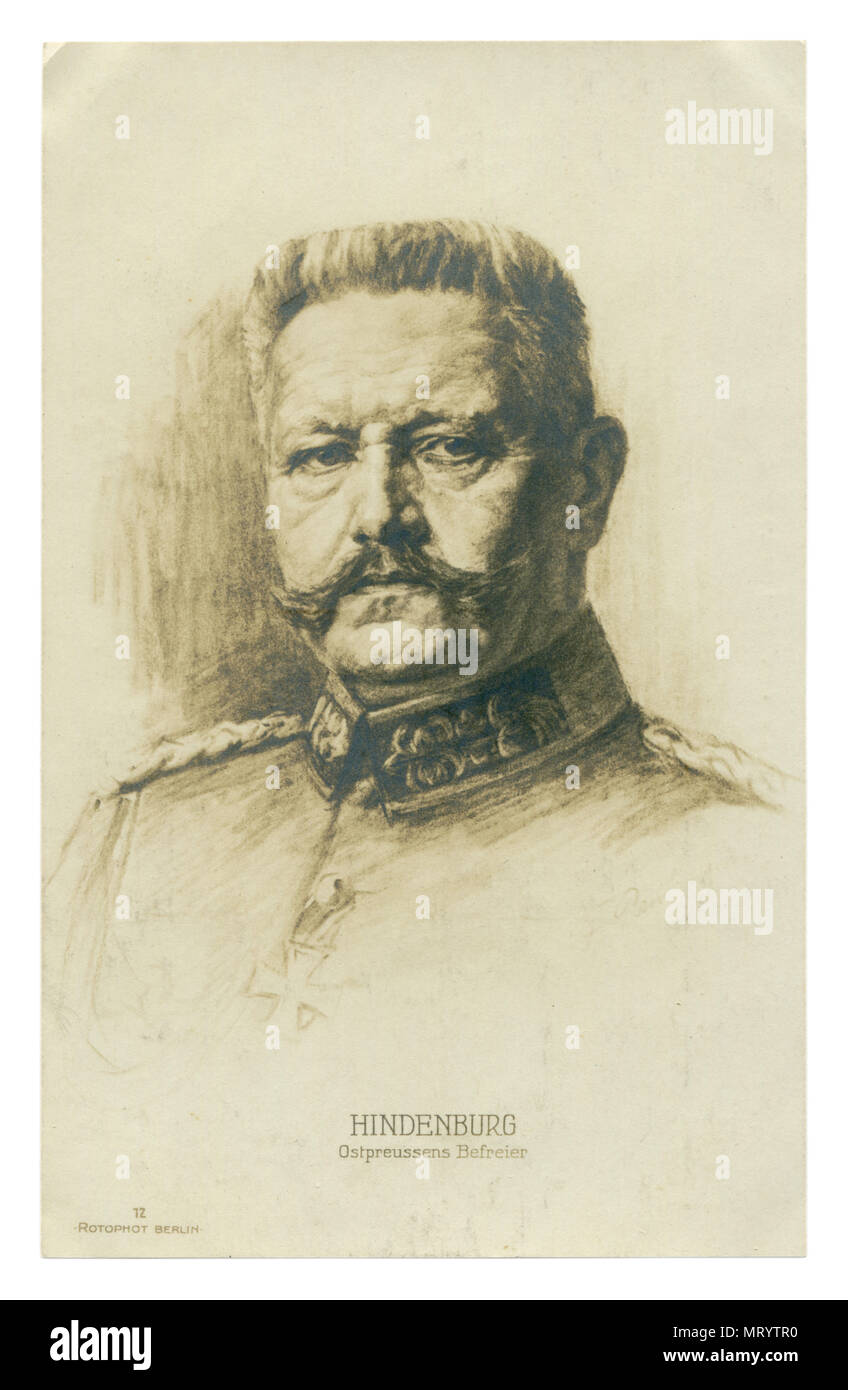 German historical postcard: Black and white painted portrait of Paul von Hindenburg with text: liberator of East Prussia. world war one 1914-1918. Stock Photo