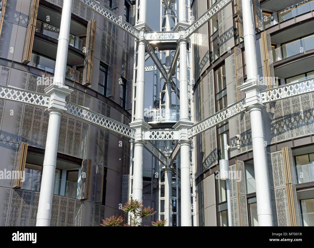 145 flats built inside Victorian gas holder frames, St Pancras Lock