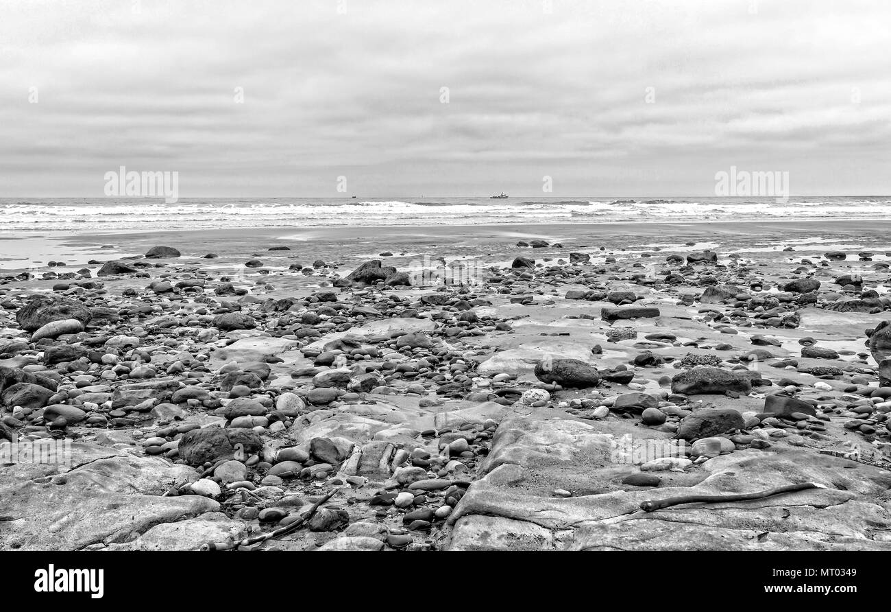 Beach at low tide with rocks and sand channels depicted in black and white Stock Photo Alamy