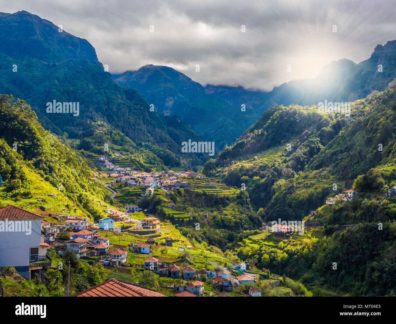 Panoramic aerial view over Lombo Galêgo village on high altitude on mountain. Madeira island, Portugal Stock Photo