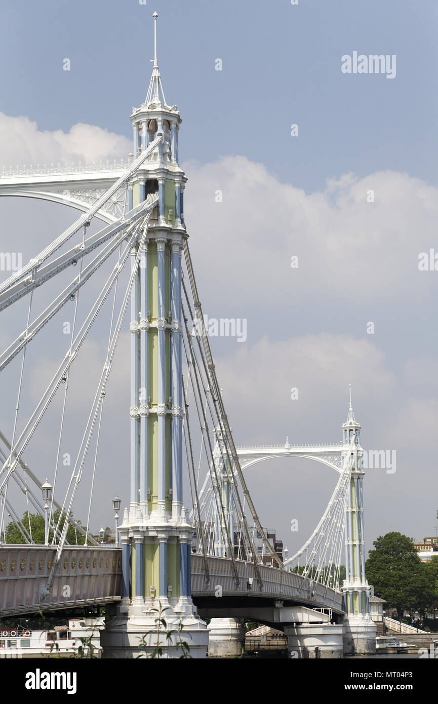 Albert Bridge,  road bridge over the Tideway of the River Thames connecting Chelsea in Central London on the north, left bank to Battersea Stock Photo